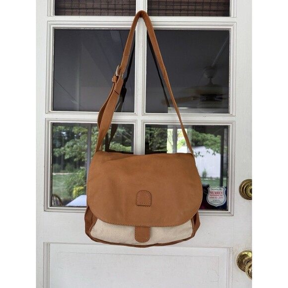 Kenneth Cole Tan Leather & Canvas Messenger Satchel Bag Shoulder CrossBody READ - Picture 1 of 16